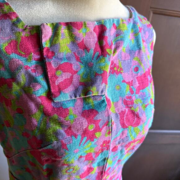 1960s Vintage Handmade Pink and Blue Floral Linen High Neck Shift Dress | Medium - Picture 4 of 7